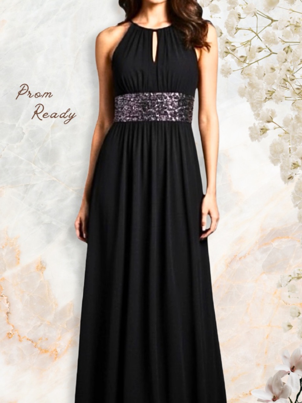 KATHY ROBERTS HOMECOMING DRESS Maxi Black Formal Glittery Waist Band Goth SZ 8